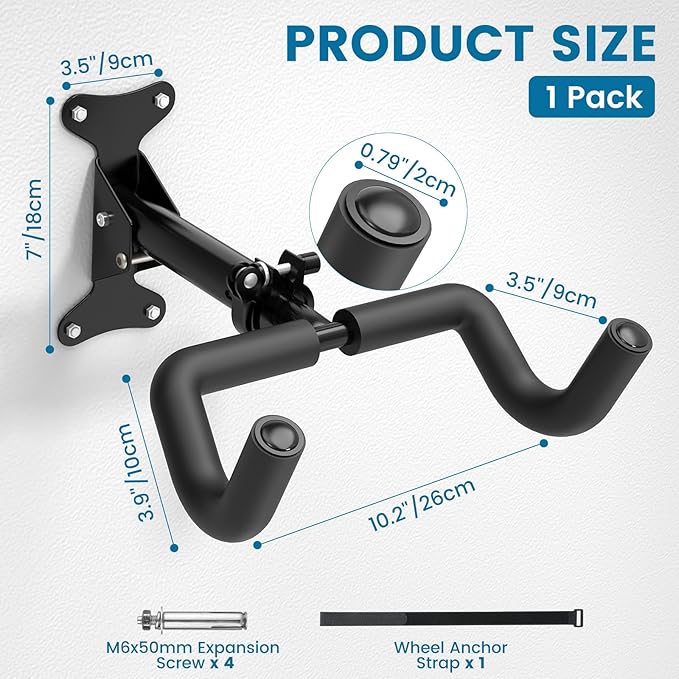 Bike Wall Mount - [1 Pack] EVA Foam Padded up to 48.5 lbs, Carbon Steel, Valve Mechanism, Heavy-Duty Adjustable Bike Wall Hanger for Road, Mountain and Hybrid Bikes, Garage & Apartment