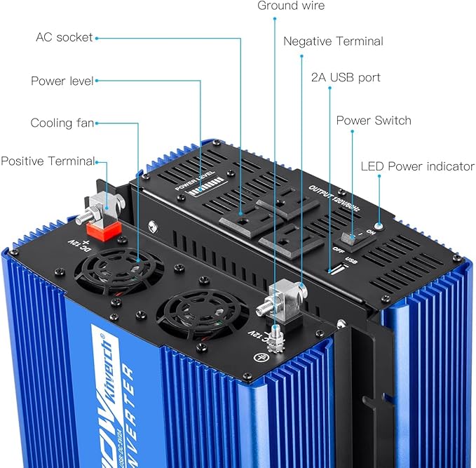 2000W Continuous/ 4000W Peak Power Inverter 3 AC Outlets 12V to 110V Car Converter with USB Port