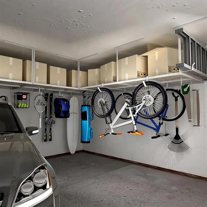 Heavy Duty Overhead Garage Storage Rack, Adjustable Organization System, Metal Garage Ceiling Storage Racks, White