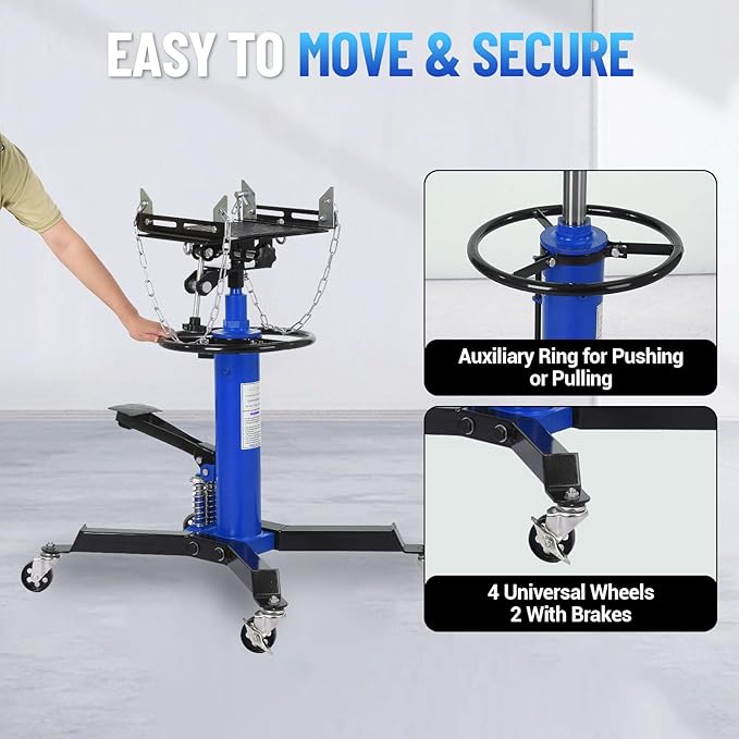 Dual Plunger Hydraulic Transmission Jack 1322lbs Capacity, 33.5"-69" High Lift 2-Stage Hydraulic Telescoping Jack, Trans Jack Stand with 8MM Non-Slip Pad, Foot Pedal & Swivel Wheel, Blue