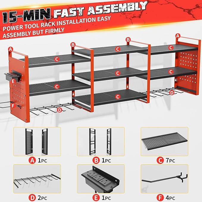 Power Tool Organizer with Charging Station Wall Mount, 3 Layer Expanded Heavy Duty Garage Organization, 48.8 Inch Length Garage Tool Storage, 4 Drill Slot, 16" Standard Hole, Red