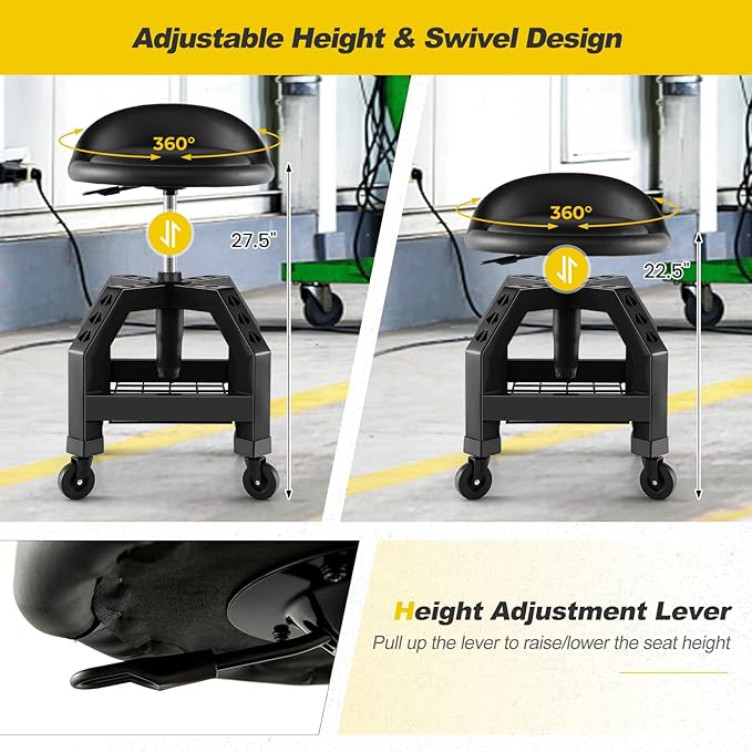 Goplus Rolling Garage Stool, 22.5”-27.5” Adjustable Mechanic Chair with Padded Seat, 330LBS Capacity, Tool Tray, Heavy Duty Creeper Seat, 360° Swivel Shop Stool for Workshop