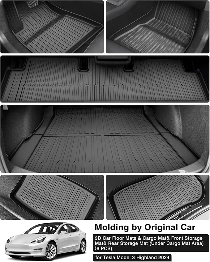 Powerty Floor Mats & Cargo Liner for 2024 2025 Tesla Model 3 Highland Accessories Cargo Mat& Front Storage Mat& Rear Storage Mat All Weather TPE 3D Floor Liners 2 Row Liner Set(6 PCS)