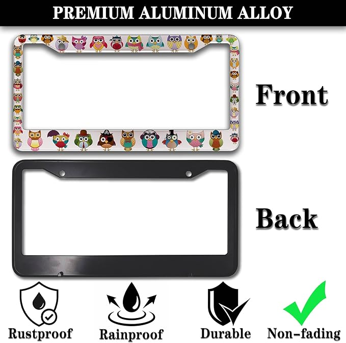License Plate Frames for Women Multicolor License Plate Frame for Men Cute Owl Universal Aluminum Car Accessory 2 Pack with Screw Covers Set