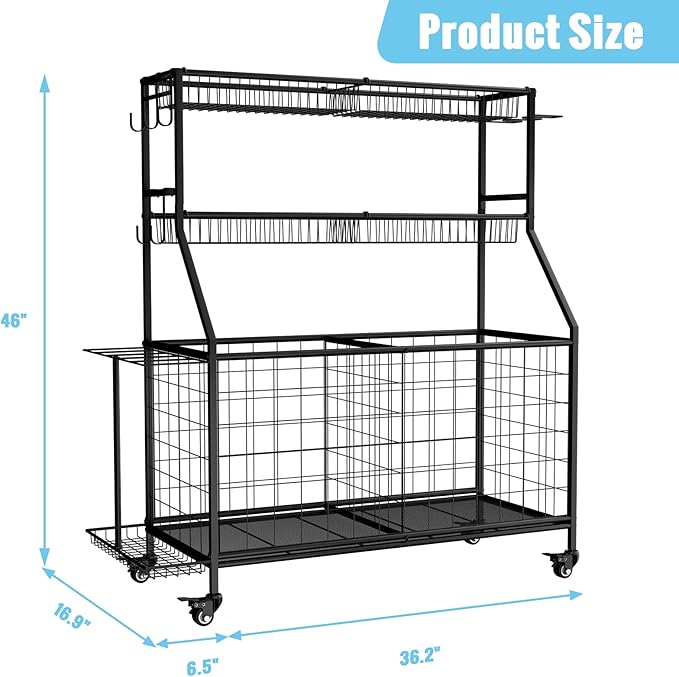 WUC Sports Equipment Organizer - Garage Ball Storage Rack with Basket, Hooks and Rolling Cart for Toy Sports Gear Storage, Black