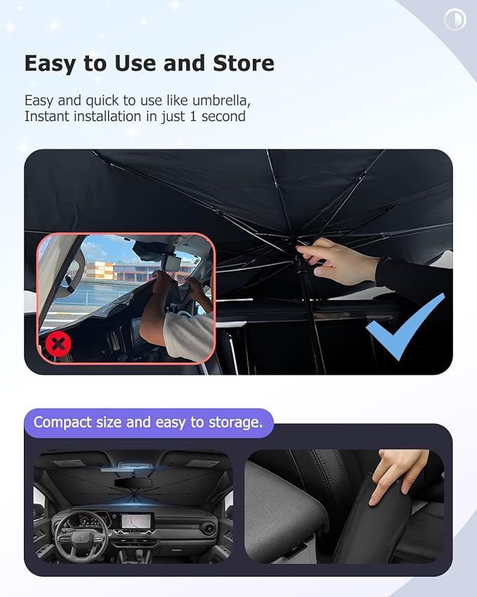 2025 Upgrade Car Windshield Sun Shade Windshield Sunshade Umbrella [Star Fabric] Protect Car from Sun Rays&Heat Damage Keeps Vehicle Cool, Spring Structure Edge Fits Sedans,SUVs,Trucks,Hatchbacks (S3)