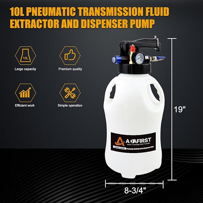 Transmission Fluid Transfer Pump Kit, 10L Pneumatic Fluid Extractor and Dispenser Tool with Adapter for ATF Fill, Gear Oil Refill, Differential Oil, Garage and Shop Fluid Evacuator and Filler