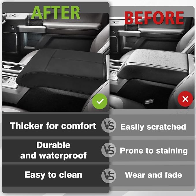 Muslogy Center Console Armrest Cover Compatible with Ford F250 F350 F450 2017-2022 Super Duty Comfort Armrest Pad Arm Rest Cushion Vegan Leather Protector Regular Thick(Bucket Seat ONLY)