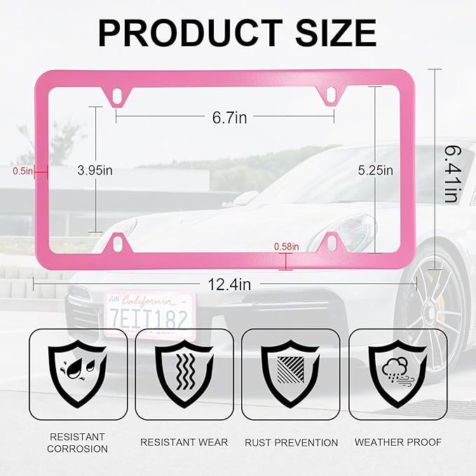 LivTee 4 Holes Stainless Steel License Plate Frames, 2 PCS Car Licence Plate Covers, Automotive Exterior Accessories Slim Design with Bolts Washer Caps for US Vehicles, Pink
