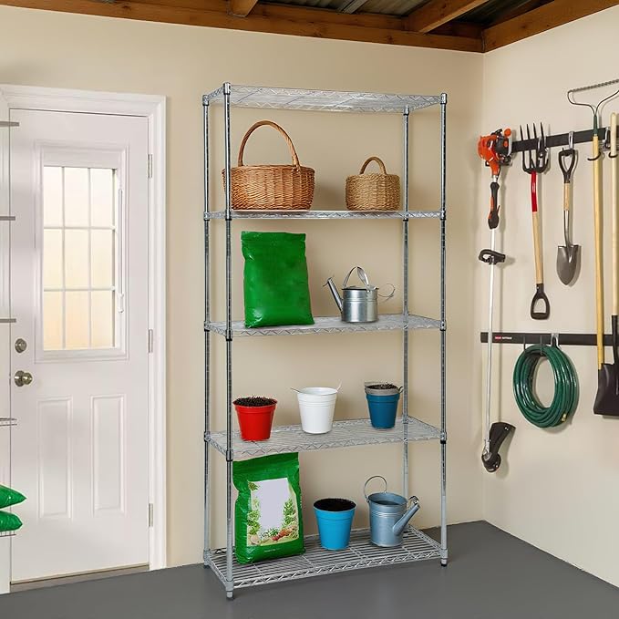Heavy-Duty Chrome Steel Wire Shelving NSF Certified. Adjustable Storage Rack for Kitchen,Garage,and Laundry Utility Room (Chrome-5Tiers-36x14x72)