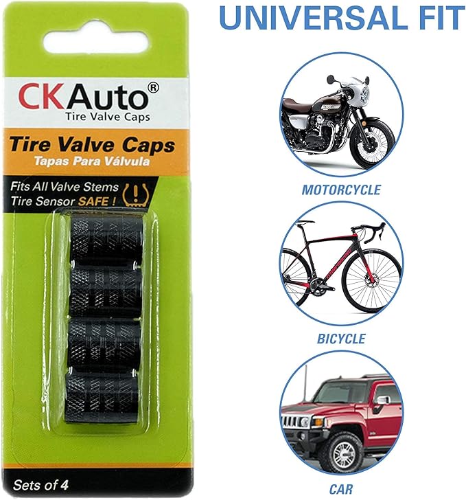 CKAuto Tire Valve Stem Caps, Black, 4 pcs/Pack, Anodized Aluminum Tire Valve Cap Set, Corrosion Resistant, Universal Stem Covers for Cars Trucks Motorcycles SUVs and Bikes