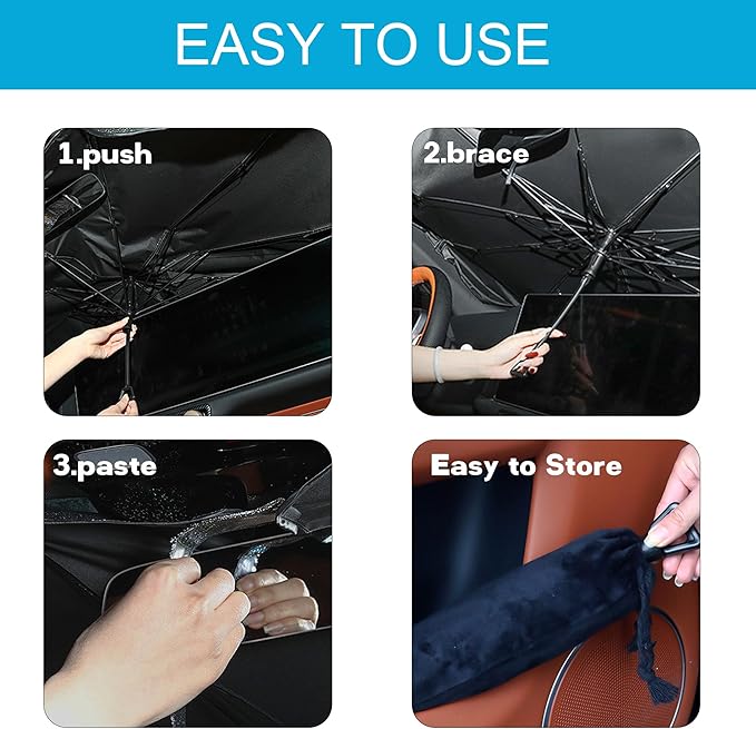 Windshield Sun Shade Umbrella, Portable Foldable, Spring Structure Wind Shield, Front Window Sunshade, Protect from Sun Rays Car Windshield, Universal for Any Car (61'' x 33.4'')