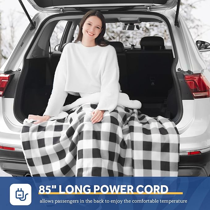 Sealy 12-Volt Heated Car Blanket with 2 USB Output Ports, 3 Heating Levels & 4 Hours Auto Off, Electric Blanket for Car, Truck, SUV, RV or Camping, Machine Washable, 59" X 43", Plaid