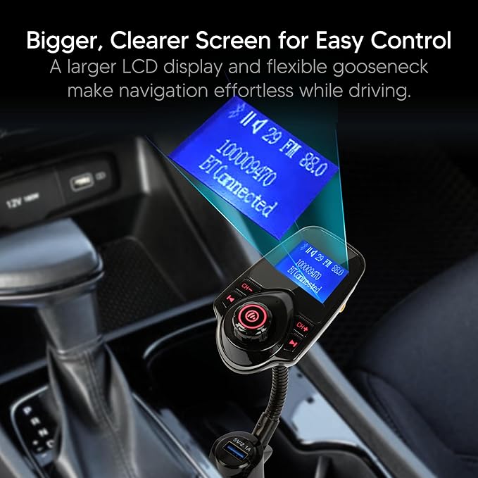 ONN Upgraded 2025 Car Bluetooth FM Transmitter – 1.44" Display, Flexible Gooseneck, Hands-Free Calls, Wireless Music Player, Radio Adapter, USB Charger, Micro SD Card & AUX Support