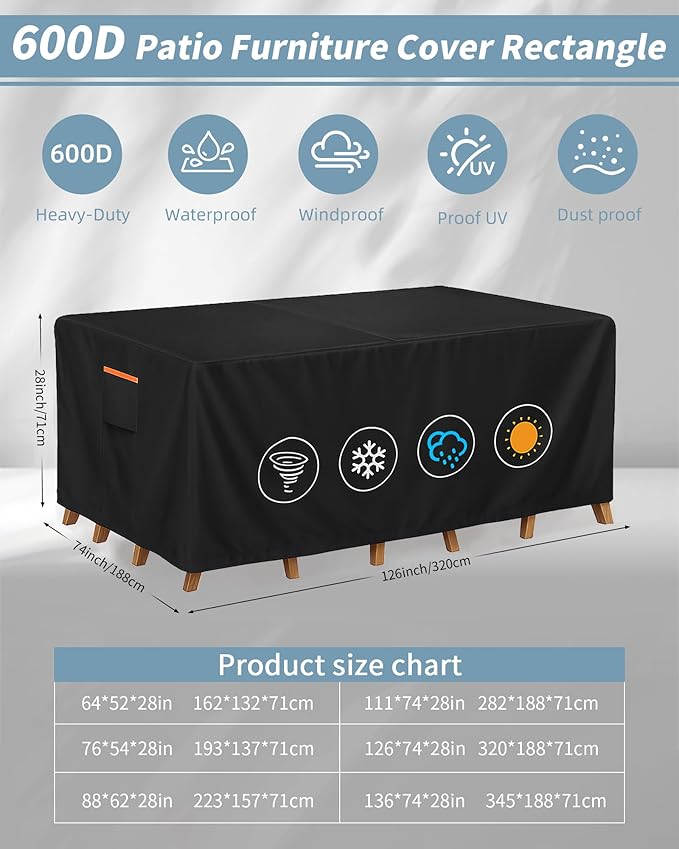 Outdoor Waterproof Furniture Cover, 126W x 74L x 28H inches Heavy Duty 600D Rectangular Table and Chair Set Protection, Black