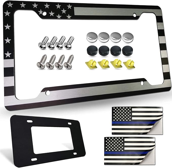 Flag License Plate Frame- USA Patriotic Personalized Car Tag Holder, 4 Hole Black Heavy-Duty Aluminum Bracket, Novelty Thin Cover for Front Bumper, Truck or SUV, Screws, Caps, Flag Decal