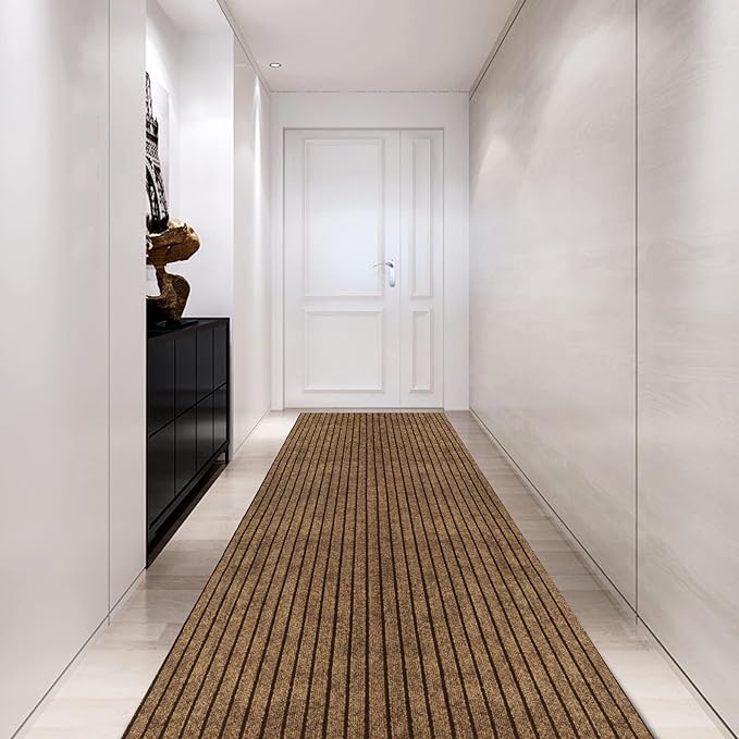 Custom Size Backed Non-Slip Area Rugs Runner, Easy Clean, Waterproof Runner Rugs for Hallway Entryway, Kitchen, Laundry, 4FT x 30FT, Brown Stripe