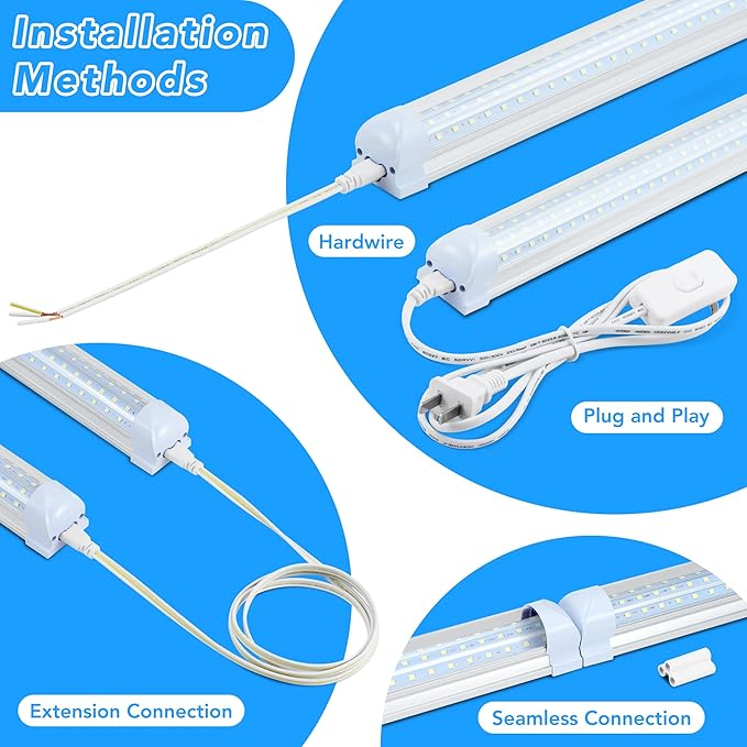6 Pack 8FT T8 LED Shop Lights, 120W Integrated Tube Light, 19200LM 6000-6500K Daylight, Linkable Lighting, Plug & Play Energy-Saving Commercial Bay Lighting for Garage Warehouse Basement (V8)