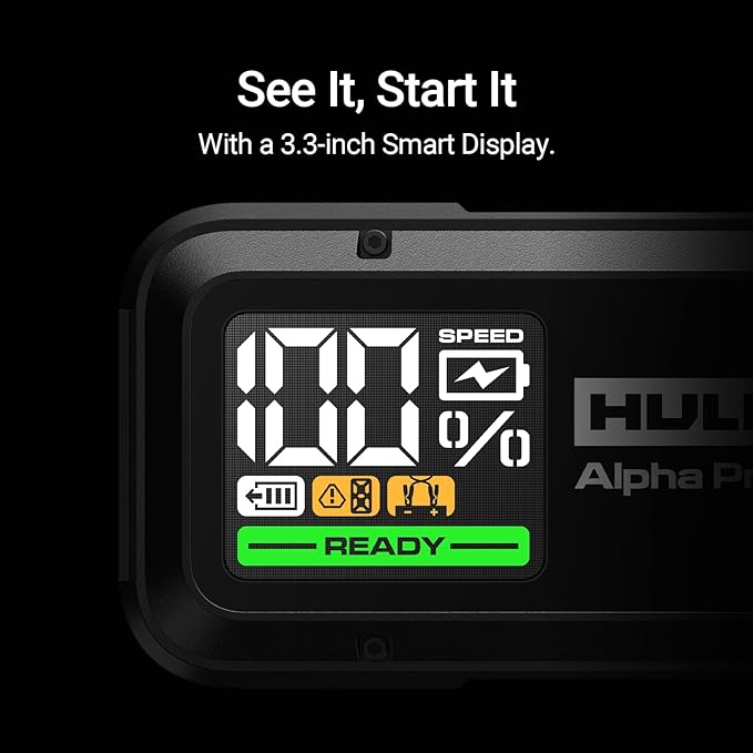 Hulkman Alpha Pro Solid Black, 1750A 59.2Wh Car Jump Starter Portable, High-Capacity Battery Booster & Jumper Cables, 3.3" Display Jump Box, PD65W in&Out, 12V Battery Pack for 8.0L Gas/5.0L Diesel