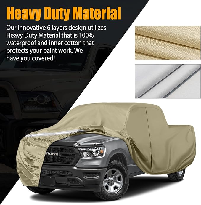 Waterproof Truck Covers Replace for Ford F150 / Dodge Ram 1500 CrewCab 5.5 ft, Multilayer Heavy Duty with Cotton Liner Car Cover with Zipper Door, Windproof Bands for Snow Rain Dust Protection