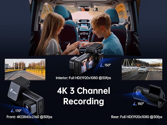 Pelsee 4K 3 Channel Dash Cam Front and Rear Inside, Dash Camera for Cars, 4K+1080P+1080P Dashcam with APP & WiFi, 64GB Card Included, Smart Driving System ADAS DMS, 24H Parking Mode,G-Sensor,256GB Max