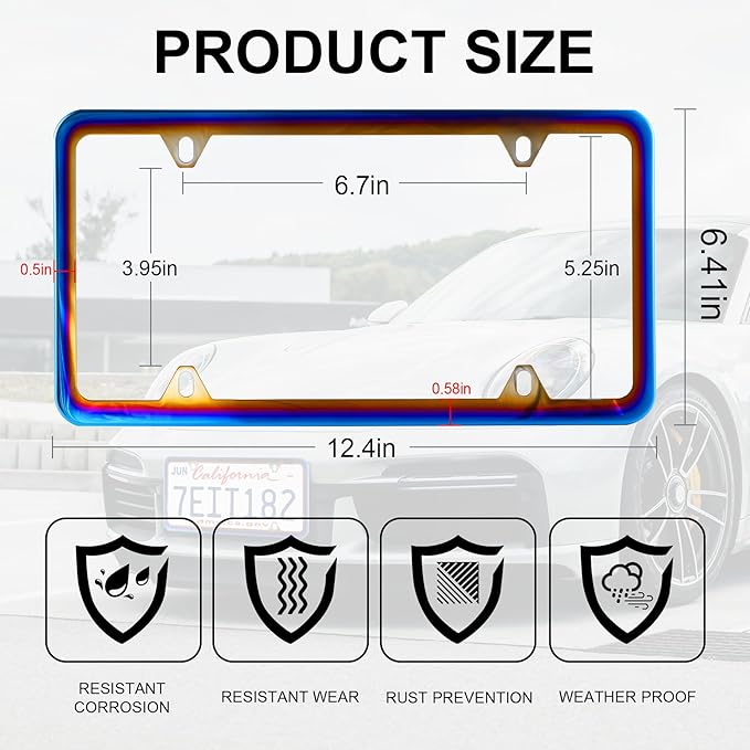 LivTee 4 Holes Stainless Steel License Plate Frames, 2 PCS Car Licence Plate Covers, Automotive Exterior Accessories Slim Design with Bolts Washer Caps for US Vehicles, Colorful
