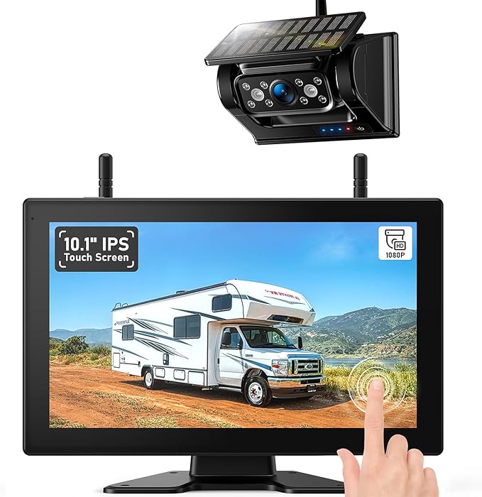 10.1" Magnetic Solar Wireless Backup Camera System, HD1080P Loop Recording 10.1 Inch Touchscreen Monitor with Quad RV Backup Cameras Wireless System for RV Trailer Tractor Truck, BL101