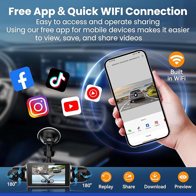 360°View 4 Channel Dash Cam, 2K+1080P Front and Rear Inside Left Right, Wireless Dash Camera for Cars, Built-in G-Sensor, IR Night Vision, 24H Parking Mode, 64GB SD Card, Loop Recording, APP Control