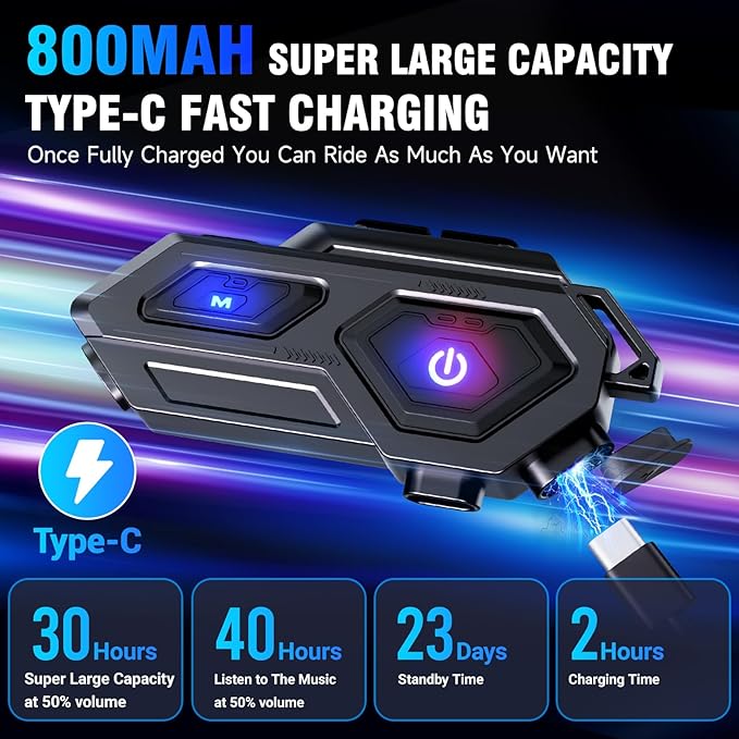 Motorcycle Bluetooth Headset, C8 Helmet Bluetooth Headset with 2 Type Mics, Hands-Free Call/Music/IPX6/Noise Cancellation/Wake Up Siri/Can Connect Two Mobile Phones, Motorcycle Helmet Speakers