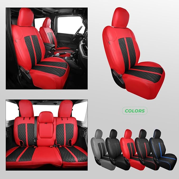 for Jeep Wrangler Seat Covers 4Door JL 2018 2019 2020 2021 2022 2023 2024 2025, Custom Fit Car Seat Cover Full Set, Luxury Waterproof Leather Seat Protectors, Red Black, with Rear Cup Holder