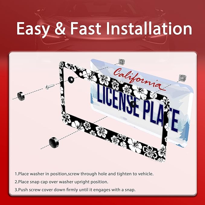 White Hibiscus Hawaii Flowers License Plate Frames Floral Round Hole Personalise License Plate Frame Car Universal Accessories Stainless steel Cars Decor Fits Standard US Vehicles Size 12.2 x 6 Inches