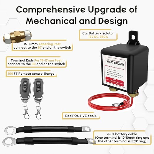 Side Post Remote Battery Disconnect Switch 12V, 250A Negative Battery Cut Off Switch Anti-Theft Kill Switch Kit Upgrade Prevent Battery Drain for Car Truck, RV Auto, Boat,Vehicle etc