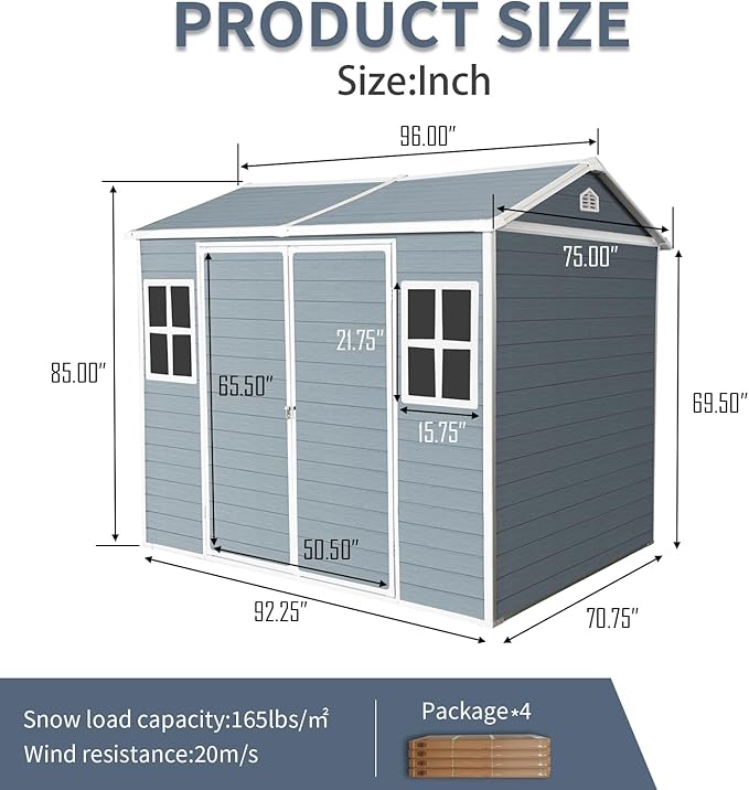 8x6 FT Outdoor Storage Resin Shed with Floor,Waterproof Plastic Garden Bike Shed with Lockable Door, Sloped Roof, Vents & Windows, Easy Assembly Tool Shed for Lawn, Backyard, Patio, Grey