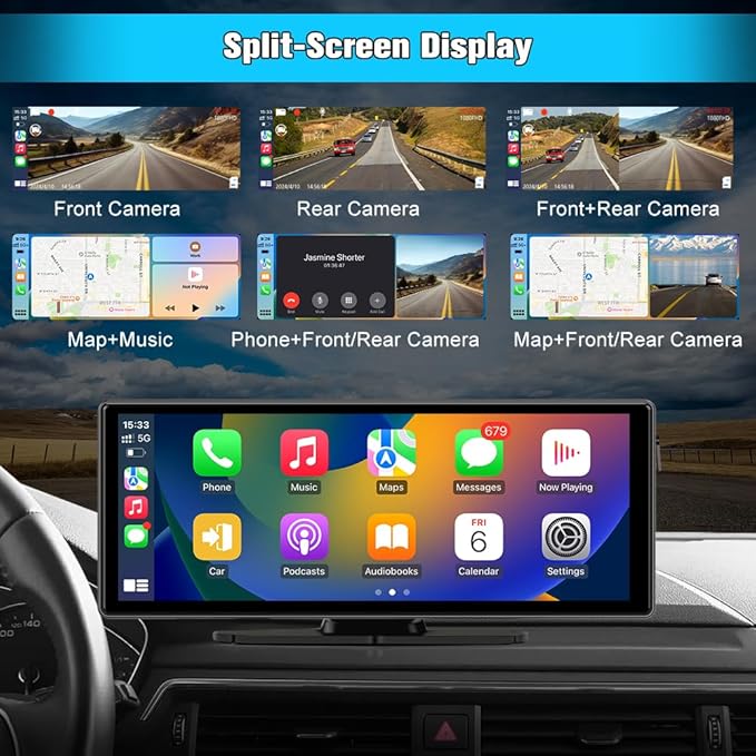 10.26" Portable Apple Carplay Screen for Car, Carplay & Android Auto Car Stereo, Touchscreen GPS Navigation 4K Dash Cam/1080P Backup Camera/Mirror Link/Bluetooth/Voice Control