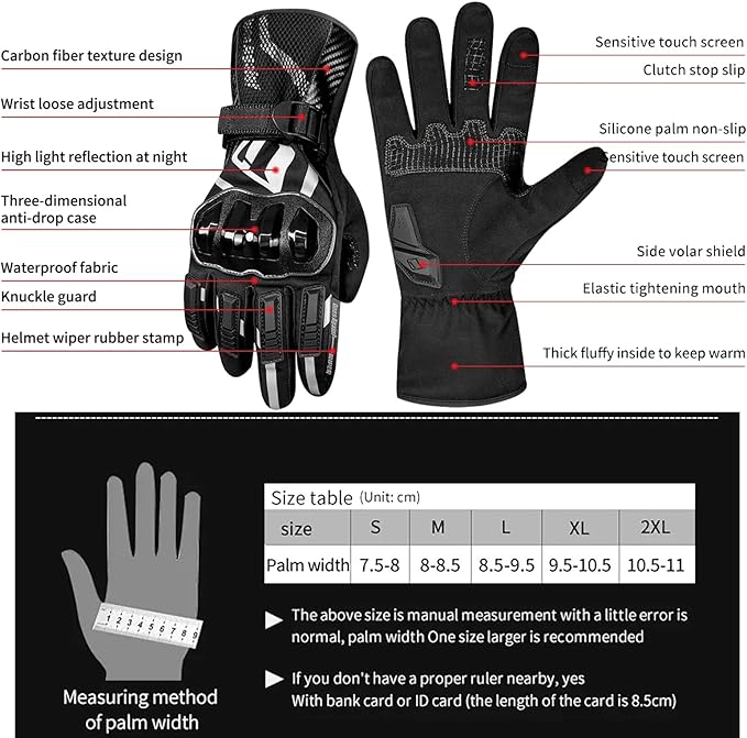 Motorcycle Gloves, Waterproof, Touch Screen, Men's Winter Gloves, ATV, UTV, Snowmobile, Skiing, Riding