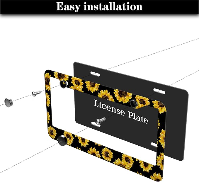 License Plate Frames Black Yellow Fun License Plate Frame Cover Aloha Hawaii Hibiscus Floral Flowers Colorful Universal Aluminum Car Accessory 2 Pack with Screw Covers Set