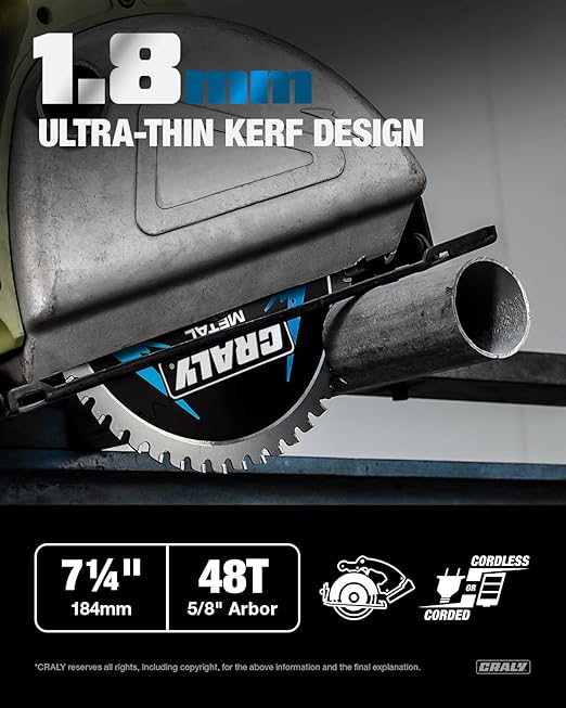 CRALY 7-1/4 Inch 48 Teeth Steel and Ferrous Metal Cutting Circular Saw Blade, 5/8 Inch Arbor, Thin Kerf, Professional Carbide Tipped Blade for Angle Iron, Threaded Rod, EMT Conduit(C0748MC)