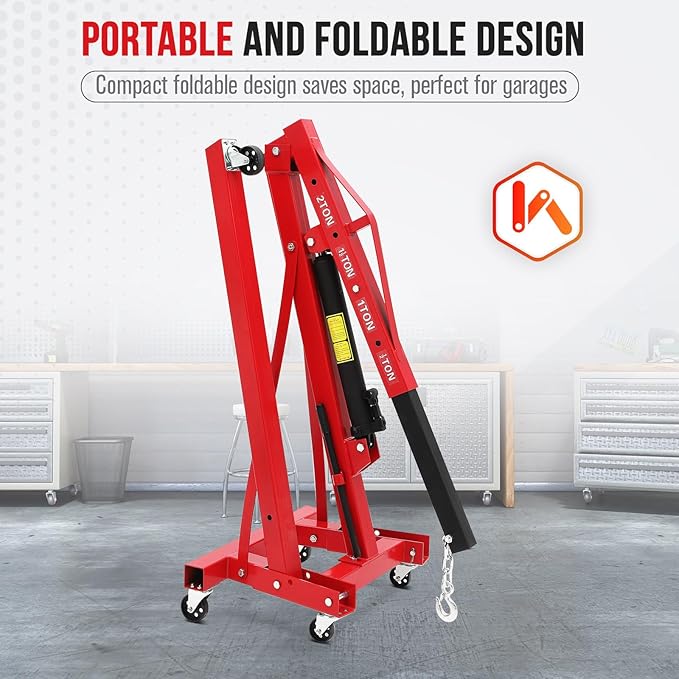 2 Ton Hydraulic Engine Hoist with Lever Stabilizer, Cherry Picker Engine Hoist, 4400LBS Heavy Duty Garage Crane with 6 Swivel Casters & Adjustable Telescopic Boom, for Auto Repair & Workshop (Red)