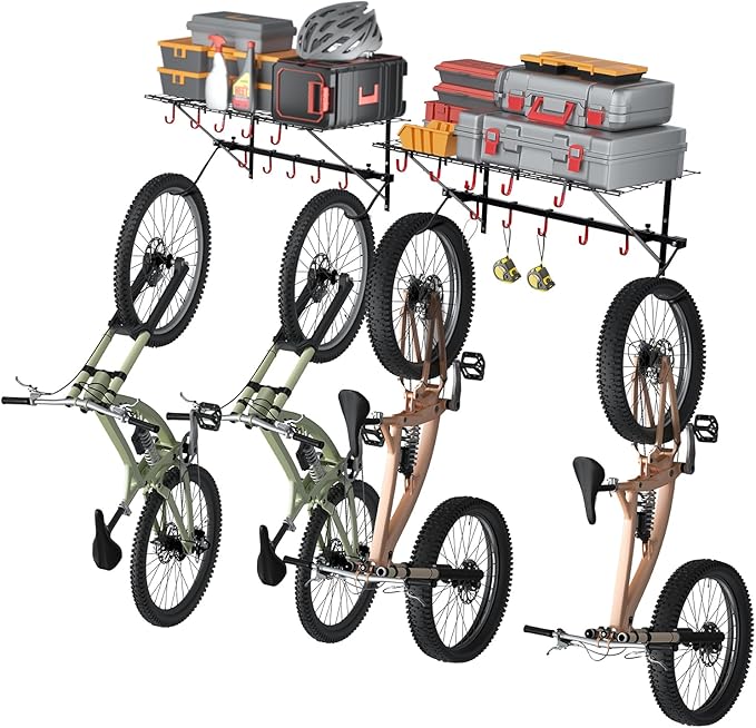 VEVOR Bike Storage Rack, 4 Bike Racks, Wall Mount Bike Storage Hanger with 2 Shelves, Home and Garage Organizer, Customizable for Various Bike Sizes, Adjustable Holder, Holds Up to 500 lbs, 63-inch