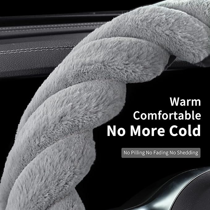 Luxury Fluffy Winter Car Steering Wheel Cover for Women Soft Warm Plush Cute Auto Accessories for Vehicle, Sedan, Universal, Fuzzy, Anti Slip, Gray, Standard Size, 14.75-15.15"
