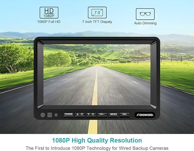 FOOKOO Ⅱ HD Backup Camera System Kit,7''1080P Reversing Monitor+IP69 Waterproof Rear View Camera,Sharp CCD Chip, 100% Not Wash Up,Truck/Semi-Trailer/Box Truck/RV (FHD1-Wired)