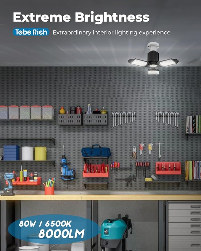 LED Garage Lights 4 Pack, 8000LM Shop Lights with 3+1 Deformable Panels, 6500K Screw in Ceiling Lights for Garage, Workshop, Workbench, Basement