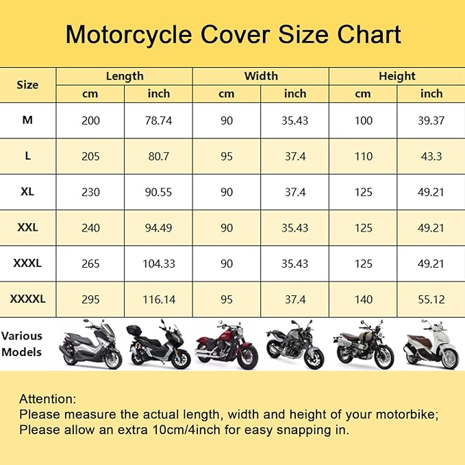 Waterproof Motorbike Cover Outdoor, Motorcycle Scooter Moped Rain Dust Cover with 5 Reflective Strips and 2 Windproof Buckles, 2 Lock-Holes for Cruisers Sportbikes (3XL: 104 x 35 x 49 inch)