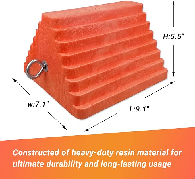 2 Packs Wheel Chocks Heavy Duty Orange with Eyebolt, Vehicle Chock for Travel Trailers, Camper, Truck, Car and ATV, 9.1" Length x 7.1" Width x 5.5" Height