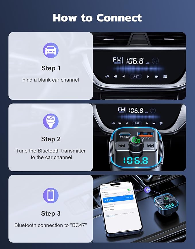 Bluetooth 5.3 Car Adapter【PD 36W+QC3.0 18W】, 2-in-1 FM Bluetooth Transmitter 【Dual Stronger Mics】& Fast Car Charger, Wireless FM Radio Adapter Hands-Free Calling, Siri Assistant, Black