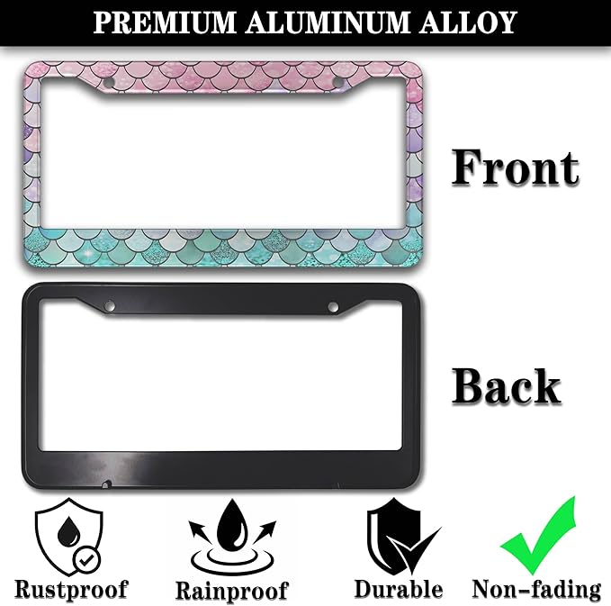 License Plate Frame Holder Pink License Plate Frames for Women Ombre Mermaid Scales Women Aluminum Metal Car Accessory 2 Pack with Screw Covers Set