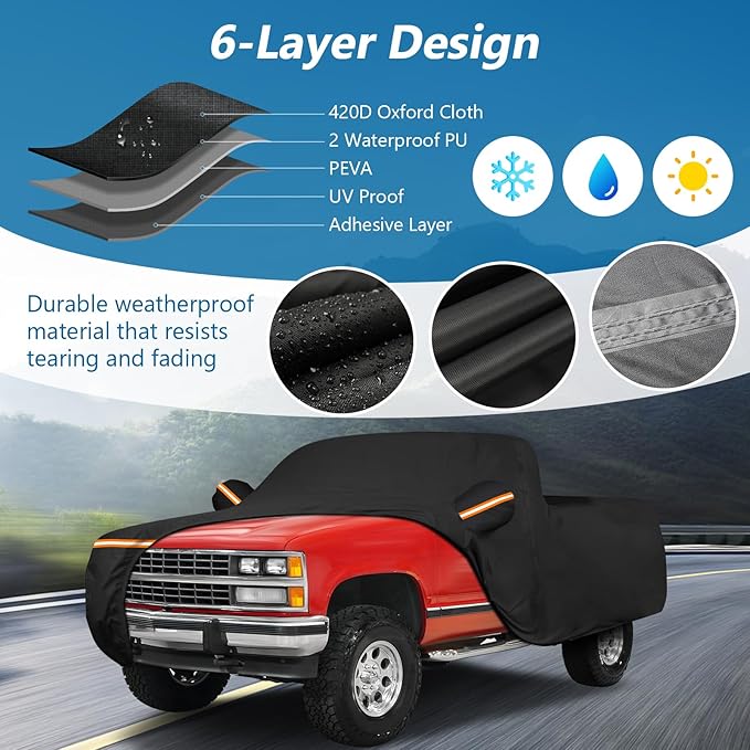 Car Cover for Chevrolet C/K 1500/2500/3500 1988-1999, Waterproof 210D Oxford Cloth and Cotton Cover Outdoor Full Car Covers with Zipper Windproof Heavy Duty All Weather Protection