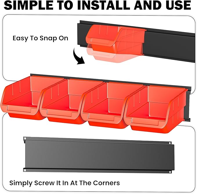 Ultrawall Wall Mounted Storage Bins, Plastic Hanging Storage Organizer Bins, Garage Tool Storage System for Screws, Nuts, Bolts, Nails, and Small Hardware Parts, 16x bins & 4 x rails, Orange
