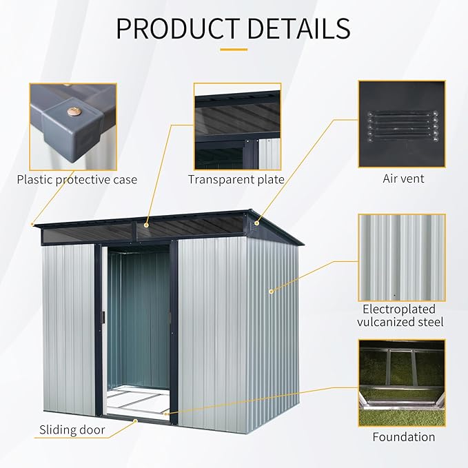 8x6 FT Outdoor Storage Shed,Metal Shed with Floor & Transparent Plate,Garden Shed W/Air Vent & Lockable Sliding Door,All Weather Waterproof Tool House W/Sloped Roof,Black+White