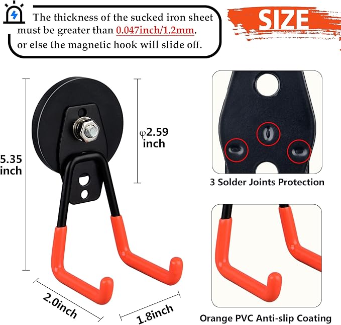 ULIBERMAGNET Heavy Duty Magnetic Garage Hooks,6 Pack Strong Large Magnet Hooks for Power Drill,Garden Tools,Hose,Pegboard,Garage, Workshop,Magnetic Storage Hook for Indoor Outdoor Hanging(Orange)